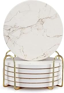 6 Pack White Marble Coaster Set with Holder Absorbent Drink Coasters Ceramic Cute Coaster Bar Dining Coffee Table Accessories Decor Gift Funny Cup Stone Modern Costers Cool Desk Beer Cork Coasters