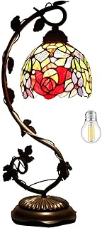 WERFACTORY Tiffany Table Lamp Red Rose Style Stained Glass Reading Desk Light with Metal Leaf Base 6X10X21 Inches Decor Small Space Bedroom Home Office S001 Series