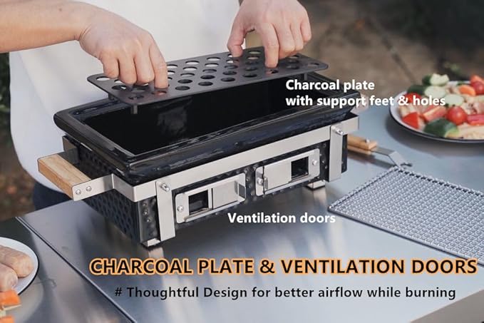 ONLYFIRE GRILLS Charcoal BBQ Hibachi Grill with Grid Lifter, Portable Yakitori Grill with Stainless Steel Grate, Barbecue Stove for Outdoor Camping Picnic Patio Backyard Cooking, GS306