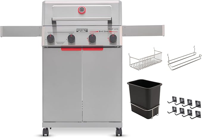 Monument Grills 4 Burner Stainless Steel Propane Gas Grill M2, 500°F in 5 Mins, 525 sq.in, 37,000 BTU, Broil Zone, Foldable Side Shelves, Knob Control, Built in Thermometer, with 4 Accessories