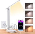 One Beat Small LED Desk Lamp Power Strip 5ft Extension Cord with 3 Outlets 4 USB Ports(2 USB C), 4 Modes, 5 Level Touch Lamp Study Reading Light, Home Office Bedroom College Dorm Room Essentials,White