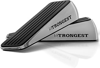 STRONGEST HOME Door Stoppers for Bottom of Door – Heavy Duty Metal Rubber Stopper, Non-Slip Door Stop for Heavy Doors, Works on Wood, Tile & Carpet Floors, Wedge Chrome 2 PCs + 2 White Wall Protectors