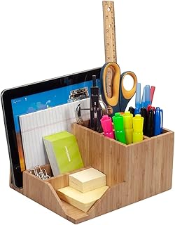 MobileVision Bamboo Multi-Function Desktop Organizer; Store stationary items like notepads, file folders, paperclips, business cards, pens, & more
