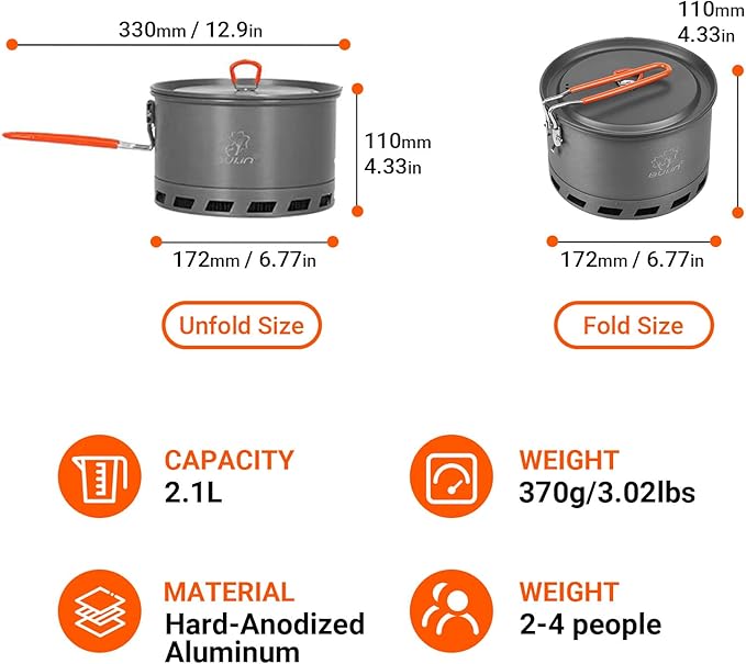 Bulin Camping Pot, 1.5L/2.1L High Efficiency Backpacking Pot Ultralight Camping Cooking Set Cookware Gear with Heat-Proof Handle & Heat Exchanger for Outdoor Picnic Hiking Travel