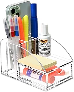 Ikee Design Acrylic Premium Desktop Office Supplies Organizer with Post It Note Pad Holder, Mail Storage and 3 Pencil Slots Pencil Holder, Office Supplies, 3 7/8 W x 5 7/8 D x 3 1/2 H in