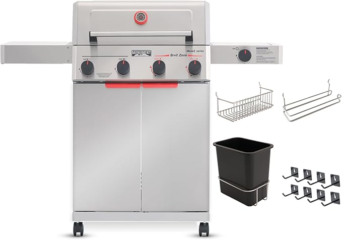 Monument Grills 4+1 Burner Stainless Steel 525 sq.in Propane M2 Gas Grill, 49,000 BTU, 500°F in 5 Mins, Outdoor Patio Grill with Broil Zone, 1 Side Burner, 1 Foldable Side Shelf, with 4 Accessories