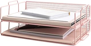 BLU MONACO | Paper Tray Stackable Pink Mesh Set of 2 | Stackable File Trays for Desk Organization | Tiered Desk Organizer with Metal Letter Trays and Workspace Organizer