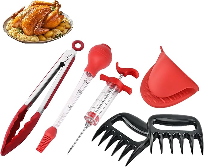 Meat Injector Syringe Marinade Injector for BBQ Grill, Premium Portable Turkey Injector kit for Smoker,Marinades Injector for Meats With 1oz Large Capacity 1 Brush Easy to Use & Clean Red