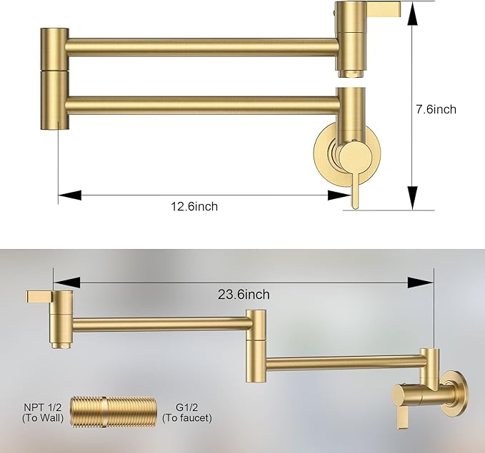 Brushed Gold Pot Filler Faucet, ARCORA Modern Pot Filler Wall Mount Folding Faucet 2 Handle with Double Joint Swing Arms Brass Stove Fixture