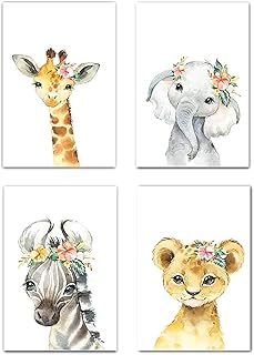 MARIA Safari Nursery Set - 4 UNFRAMED Flower Crown Watercolor Wall Art, Jungle Theme Baby Room Decor for Girls & Boys, Woodland Nursery (8x10 Inches)