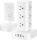 Power Strip Tower Surge Protector(2000J), Flat Plug Charging Station Tower with 12 AC Outlets & 4 USB Ports(2 USB C), 6FT Extension Cord for Home Office Dorm, White