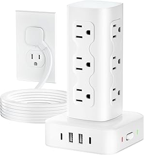 Power Strip Tower Surge Protector(2000J), Flat Plug Charging Station Tower with 12 AC Outlets & 4 USB Ports(2 USB C), 6FT Extension Cord for Home Office Dorm, White