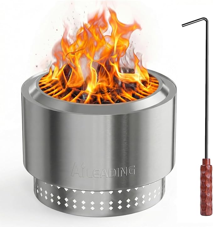 20 Inch Smokeless Fire Pit with Removable Ash Pan, Fire Pits for Outside Wood Burning, Portable Bonfire Outdoor Firepit, Bag & Poker Included, Stainless Steel, Camping Backyard (9KG) (No Legs)