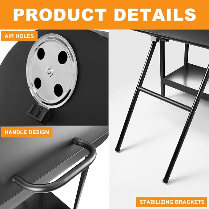 Double Charcoal Barrel Grill with Two Side Shelf, Large Stainless Steel Grill For Backyard Camping Picnic and Party