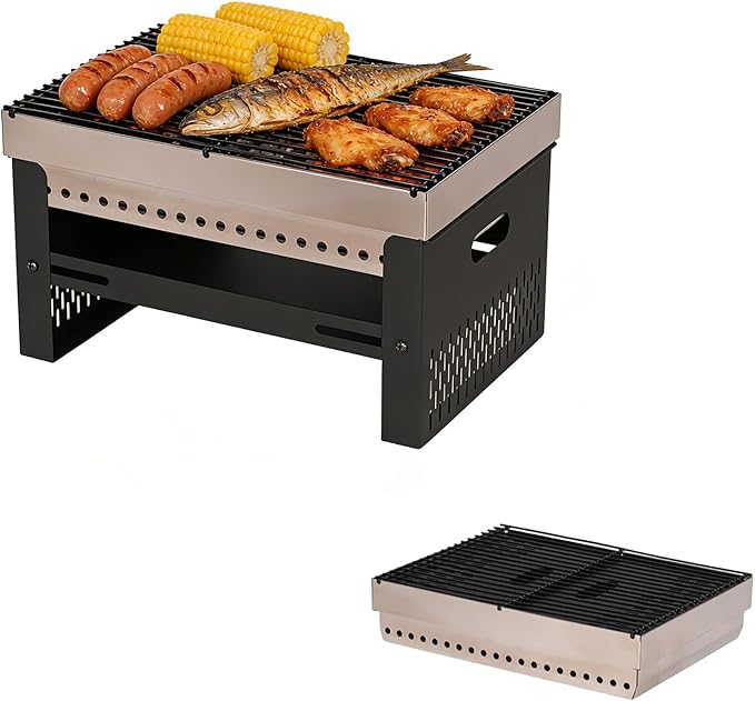 Portable Charcoal Grill, Small Tabletop BBQ, Foldable Mini Hibachi, Stainless Steel Camping Grill, Compact Outdoor Cooker for Picnic, Tailgating
