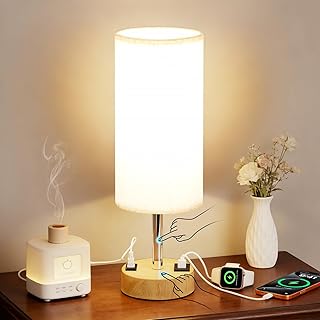 MOICO Bedside Table Lamp for Bedroom, 3-Way Dimmable Nightstand Lamp with USB C, USB A Ports & AC Outlet, Small Table Lamp Fabric Shade for Living Room Dorm Office, LED Bulb Included (14in Wood Grain)