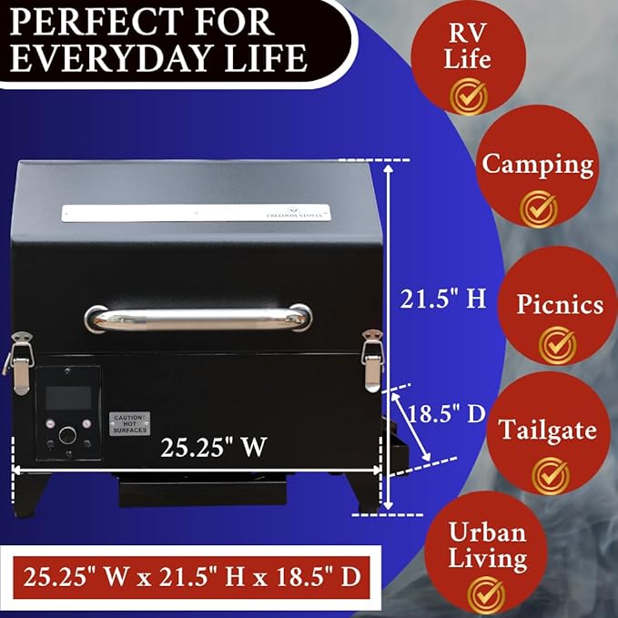 Freedom Portable Pellet Grill & Smoker: Digital Display, Dual Meat Probes, 242 sq in Cooking Area, AC/DC Powered, Black