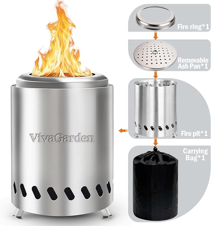 Tabletop Fire Pit Low Smoke Burning, VivaGarden Smokeless Firepit Outdoor & Patio, Safe Burning Portable Mini Table Top Firepit with Carry Bag, Silver (7.8 x 5.6 inch)
