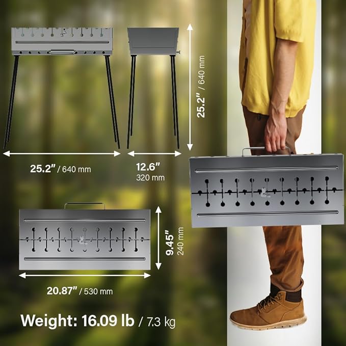 Stainless Steel Charcoal Grill for 10 Skewers – Portable BBQ 20.87"×9.45"×20.87" – Foldable Kabob Mangal – Durable Rustproof Grill for Picnic & Camping (Skewers Not Included)