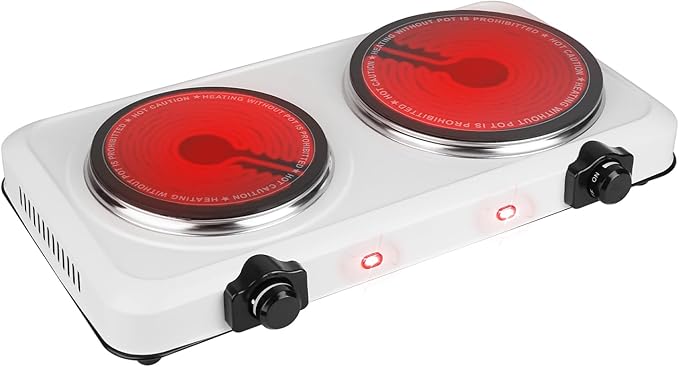 Electric Infrared Dual Burner, Portable Heating Hot Plate Stove Countertop RV Hotplate Glass Cooktop for Home RV Camp, Stepless Temperature Adjustments (Double)