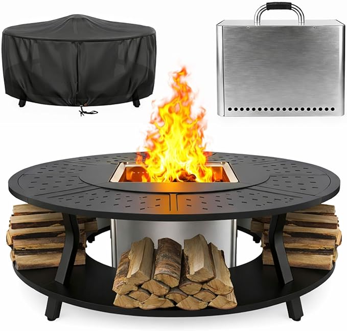 Uniflasy Smokeless Fire Pit and Fire Pit Surround Tabletop, Portable Protective Barrier Equal Width, Safety & Extra Space, 48" Outdoor Tabletop & 17" Smokeless Firepit for Backyard, Camping & Party