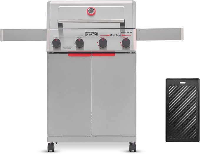 Monument Grills 4 Burner Stainless Steel Propane Gas Grill M2, 500°F in 5 Mins, 525 sq.in, 37,000 BTU, with Broil Zone, Foldable Side Shelves, Knob Controls, Built in Thermometer, with Cooking Plate
