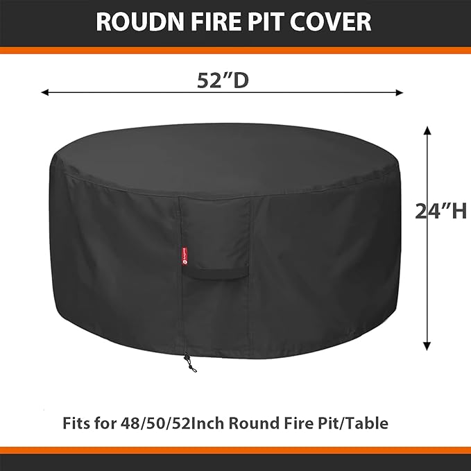 SheeChung Fire Pit Cover Round 52"D X 24"H,Heavy Duty 600D Outdoor Waterproof & Tear Resistant Fire Pit Table Covers,Fits for 48/50/52inch Large Outdoor Propane Firepit Table,Anti UV &Tear Resistant