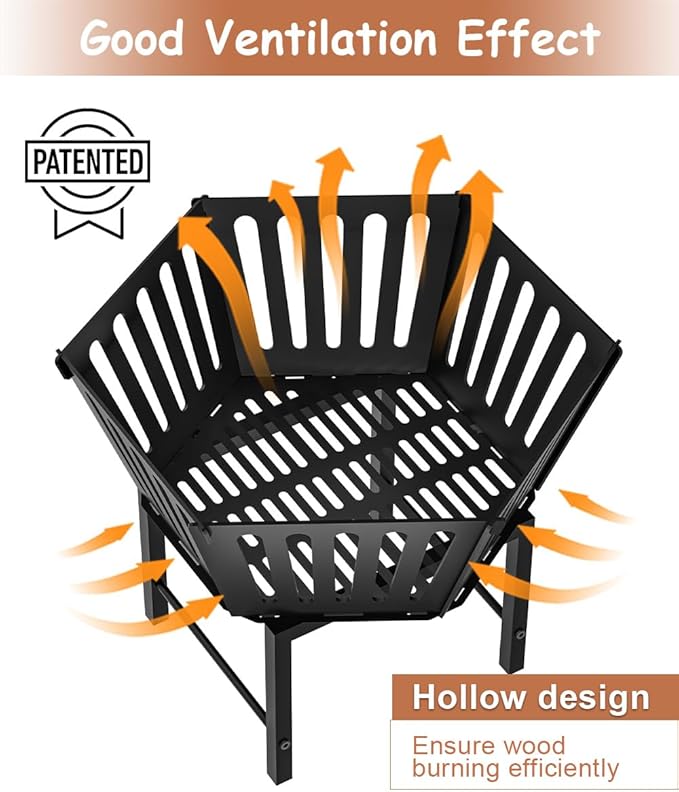 22.5 Inch Portable Hexagon Fire Pit with Travel Bag — Heightened Smokeless Design Outdoor Wood Burning Fire Pit for Camping, Backyard, Patio, Bonfire, Picnic and BBQ, Vertical Hollow Style