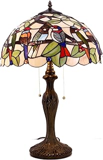 WERFACTORY Tiffany Table Lamp Colorful Stained Glass Birds Bedside Lamp 16X16X24 Inches Desk Reading Light Metal Base Decor Bedroom Living Room Home Office S805 Series
