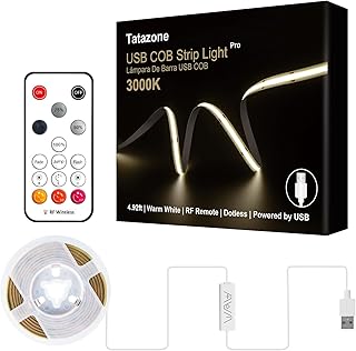 Tatazone 5V USB COB Led Strip Light with RF Remote, 4.92ft 3000K CRI93+ Dimmable USB Powered COB Led Light Strip, Indoor COB Led Light for Cabinet, TV, Camping, Monitor, Showcase, Motorhome