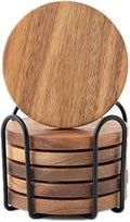 WLWNWFT Wood Coasters for Drinks Tabletop Protection with Holder Set of 6, Acacia Wooden Coaster for Coffee Table Dining Table Round with Non-Slip Pad Cup Coaster for Home Christmas Decor 4 Inch
