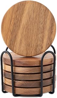 WLWNWFT Wood Coasters for Drinks Tabletop Protection with Holder Set of 6, Acacia Wooden Coaster for Coffee Table Dining Table Round with Non-Slip Pad Cup Coaster for Home Christmas Decor 4 Inch