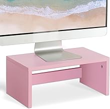 TEAMIX Pink Monitor Stand Riser-6.7 inch, Wood Higher Monitor Riser with Storage for Desk, Laptop Riser Computer PC Stand for Desktop Workspace Home Office(Pink-Higher)