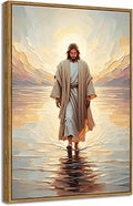 BingruiArt Jesus Wall Art Jesus Walking on Water Canvas Christian Decor Golden Picture Walk of Christ Painting God Print Divine Mercy Poster for Home Office Church 24"x16" Natural Framed