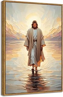 BingruiArt Jesus Wall Art Jesus Walking on Water Canvas Christian Decor Golden Picture Walk of Christ Painting God Print Divine Mercy Poster for Home Office Church 24"x16" Natural Framed