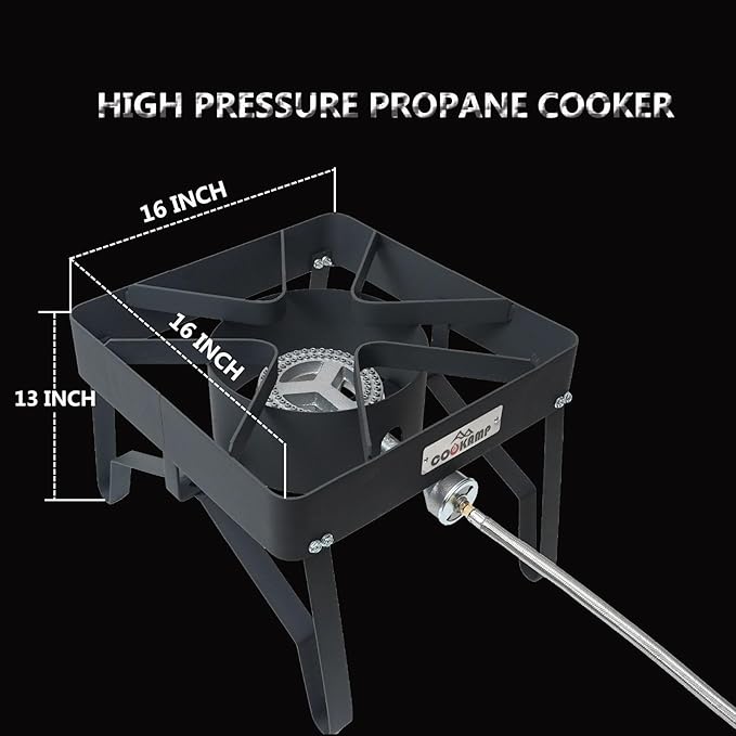 COOKAMP High Pressure Gas Cooker Outdoor Propane Burner with 0-20 PSI Adjustable Regulator and Steel Braided Hose (STEEL) SA1100