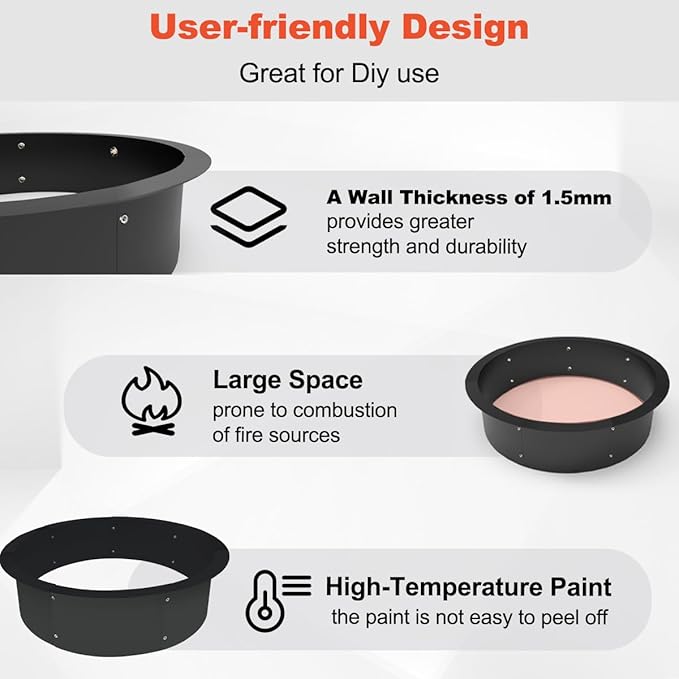 Koutemie Outdoor Fire Pit Ring Liner 35-Inch Outer/31-Inch Inner Diameter, Heavy Duty Solid Metal Steel Round Firepit Rim Insert for Outside DIY Campfire Ring Above or In-Ground, Black