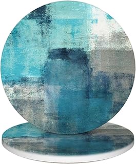 Coasters Set of 2 Turquoise and Grey Absorbent Ceramic Coasters for Drinks Round Stone Non-Slip Coffee Table Housewarming Gifts for Table Protection Home Decor, Teal