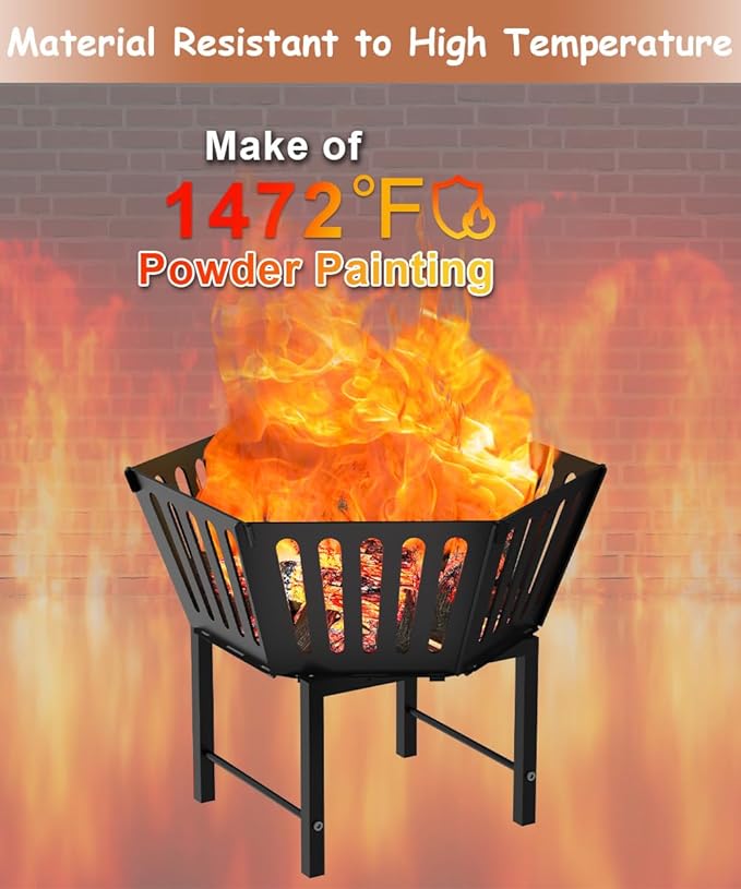 22.5 Inch Portable Hexagon Fire Pit with Travel Bag — Heightened Smokeless Design Outdoor Wood Burning Fire Pit for Camping, Backyard, Patio, Bonfire, Picnic and BBQ, Vertical Hollow Style