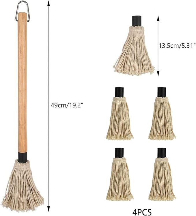 BBQ Mop Brushes for Sauce, Grill Basting Mop Wooden Long Handle BBQ Mop with 4 Extra Replacement Heads Perfect for BBQ Grilling Smoking Steak Marinade or Glazing (18 Inch)