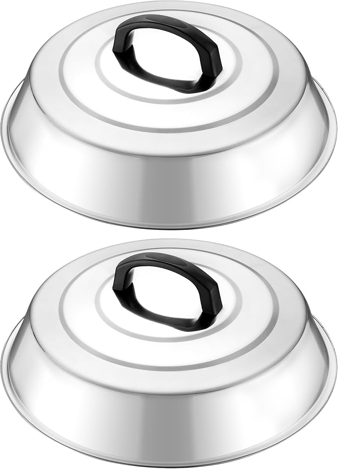 HaWare 12.6 Inch Cheese Melting Dome Wok Lids, Round Stainless Steel Basting Cover Lids with Heat Resistant Handle, for Flat Top Griddle Grill Cooking Indoor or Outdoor, Camp BBQ Accessories, 2 Domes