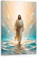 FASWQ Framed Jesus Walking On Water Wall Art, Modern Jesus Wall Decor, Minimalist Religious Savior Canvas Painting, Christian Bible Aesthetic Picture for Church Hospital Prayer Areas, 16x24 Inch