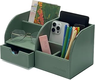 UnionBasic Desk Organizer - Multifunctional Leather Desktop Pen Holder Storage Box - Business Card/Pen/Pencil/Mobile Phone/Stationery Holder, Malachite Green