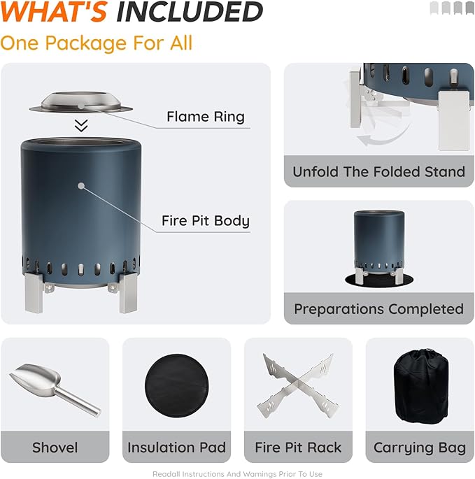 Mini Smokeless 7 Inch Tabletop Fire Pit with Pan Stand and Insulation Mat, Portable Stainless Steel Fire Pit for Camping, Patio Tabletop Firepit, Burns Wood or Pellets, Travel Bag Included, Blue