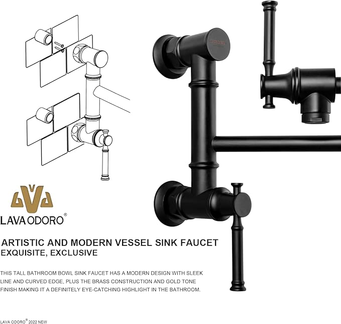 Lava Odoro Matte Black Pot Filler Faucet, Two Attachment Pot Filler, Contemporary Wall Mount Folding Kitchen Pot Filler with Swing Arm, PF312-MB