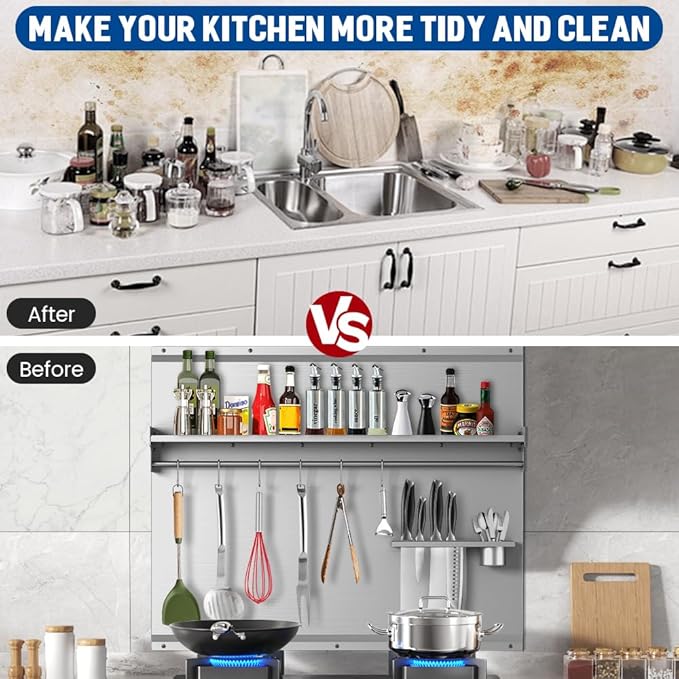 48"x 30" Stainless Steel Backsplash, Range Backsplash with Storage Shelf & Knife Rack, Stainless Steel for Stove Wall Shield with Pre-Drilled Holes