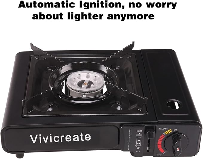 Vivicreate Portable Butane Stove 8500 BTU, Butane Stove with Auto Ignition for Camping, Lightweight Portable Gas Stove Burner with Safety Lock, Butane Burner, Estufa de Gas Portatil(Black)