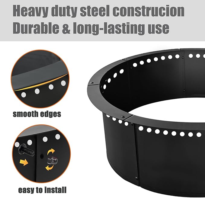 SoulMate Outdoor 45-Inch Outer/39-Inch Inner Fire Pit Ring Smokeless,Duty Solid Metal Steel Round Firepit Rim Insert for DIY Fire Pits, Outdoor Above or In-Ground, Camping Garden Patio Backyard.