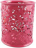 yueton Hollow Rose Flower Pattern Metal Pen Pencil Pot Cup Holder Desk Container Organizer (Hot Pink)