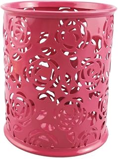 yueton Hollow Rose Flower Pattern Metal Pen Pencil Pot Cup Holder Desk Container Organizer (Hot Pink)